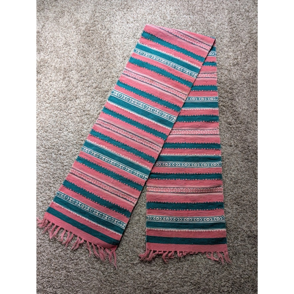Vintage Woven Wool Table Runner Pink Teal Geometric Southwestern‎ Fringe 70x10.5